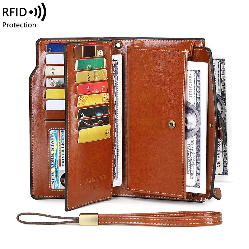 2025 Wholesale Womens RFID Blocking Large Capacity Luxury Waxed Genuine Leather Clutch Wallet Multi Card Organizer
