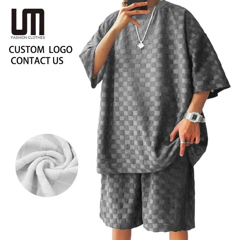 Wholesale 2025 New Men Sports Suit - Summer High Street Jacquard Plaid T-Shirt & Shorts 2-Piece Set Casual Retro Loose Fit