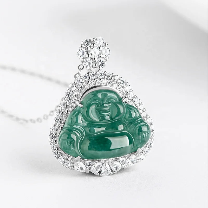 Authentic Natural Ice Blue Water Jade Buddha Pendant Female Belly Maitreya Jade Necklace with Luxury Laughing Buddha Style
