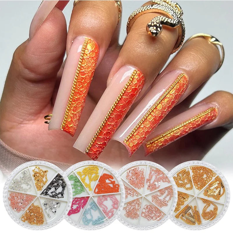Nail Art Charms 6 Grid Round Box Fine Chain Metal Decorations Nail Accessories 3D Punk Style Fine Bead Chain Nail Charms