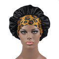 New Arrive Satin Leopard Print Logo Shower Cap Night Sleep Cap Wide Elastic Designer Large Bonnet for Women