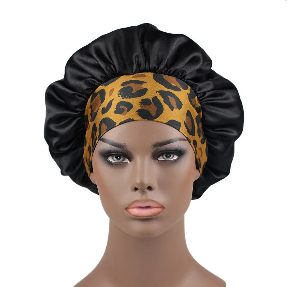 New Arrive Satin Leopard Print Logo Shower Cap Night Sleep Cap Wide Elastic Designer Large Bonnet for Women