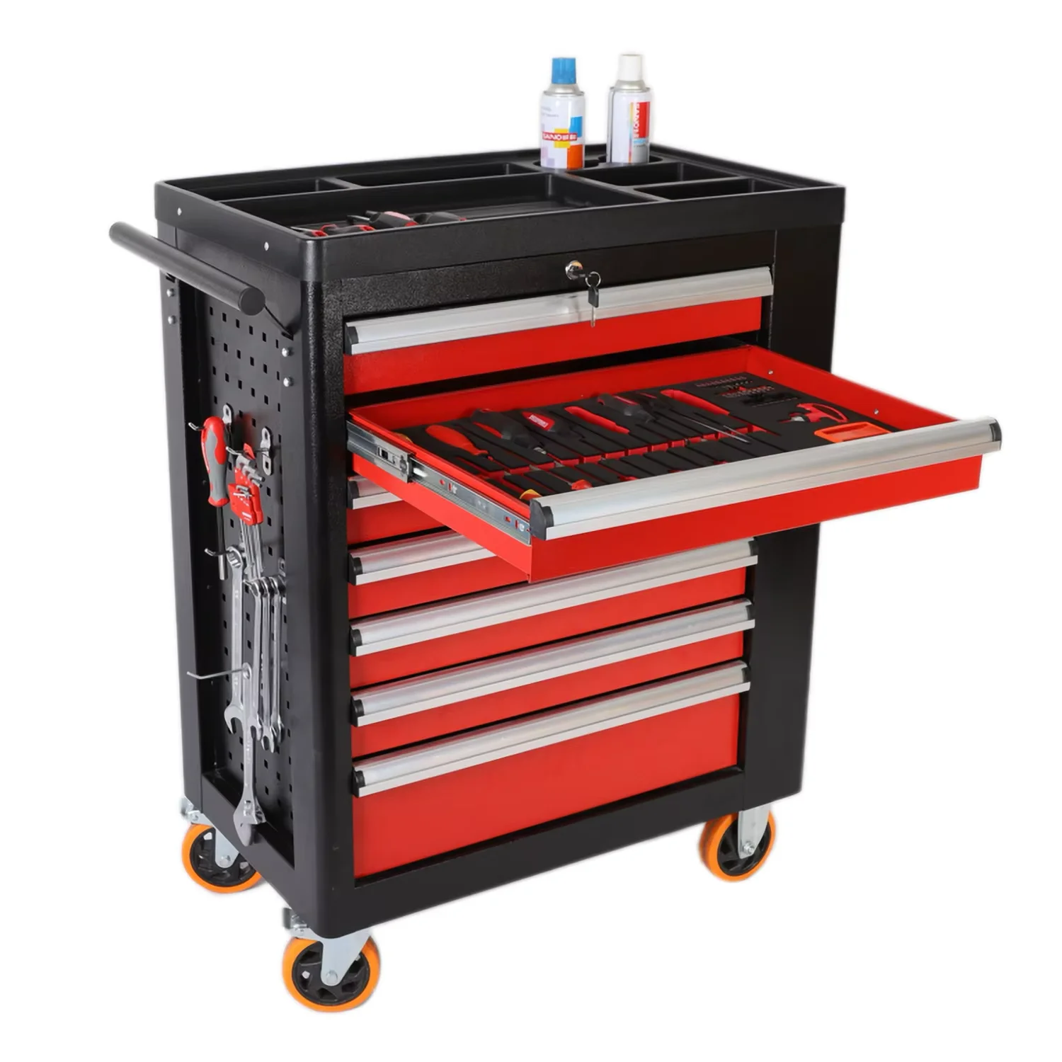 New Design Auto Repair Lockable Seven-Drawer Red Tool Cabinet Hand Tool Sets Garage Storage Tool Trolley