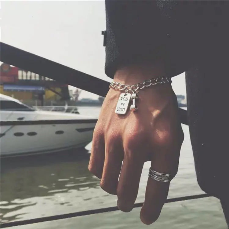 SC Fashion Stainless Steel Chain Men Bracelet Hip Hop Bracelets TikTok Hot Army Plate You VS You Dumbbell Charm Bracelet Men