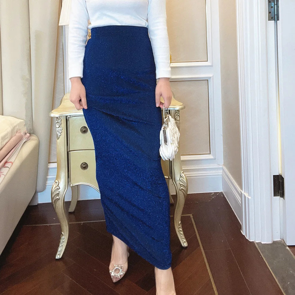 High Waist Bodycon Long Maxi Skirt for Muslim Women Hot Sale Turkey Autumn Slim Shimmer Stretchy Skirt for Adults