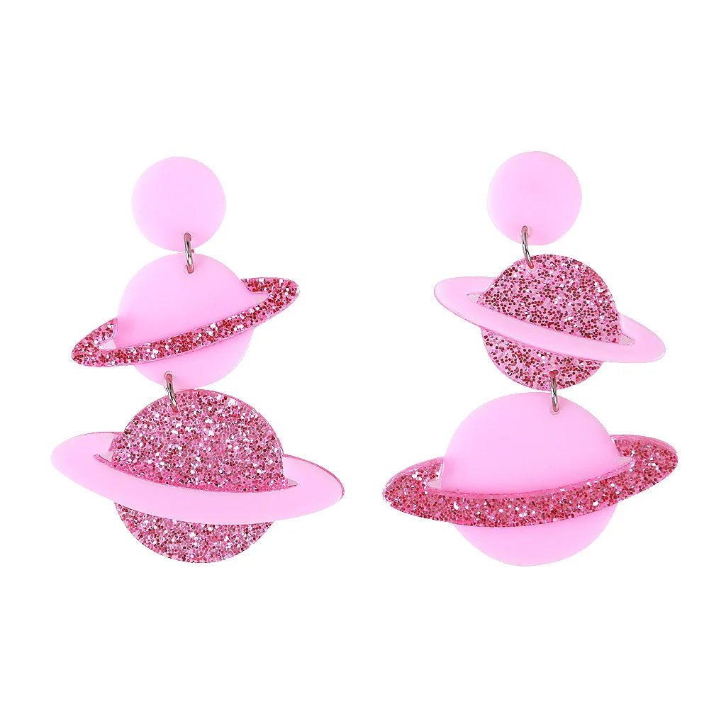 2024 Pink Romantic Little Planet Space Ship Sequin Student Cute Asymmetrical Geometric Chunky Acrylic Earrings for Women Girls