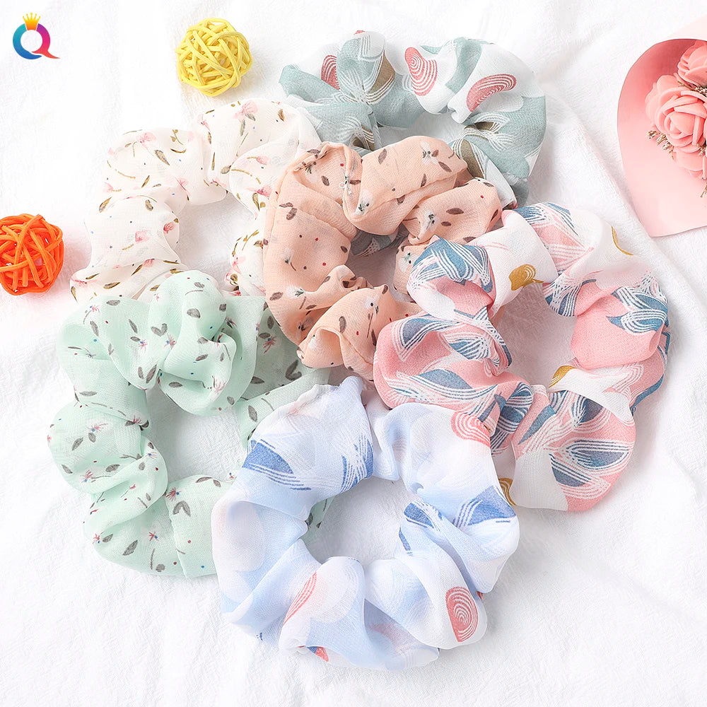 QIYUE Custom 2020 New Hot Sale Cheap Designer Floral Leopard Soft Chiffon Hair Scrunchy ChouChou