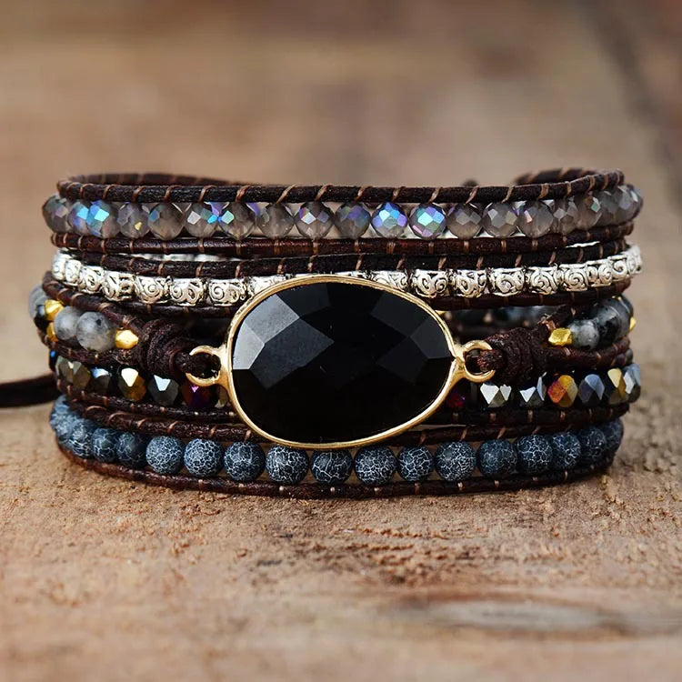 Excellent Craftsmanship Hand-woven Beaded Bracelet With Five Loops Vintage Cowhide Rope Black Agate Bracelet for Women