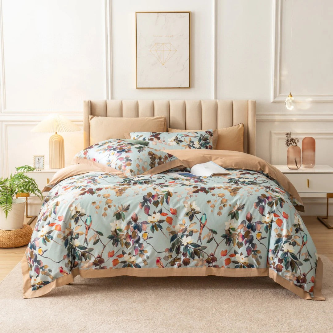 100% Cotton Orange Flower Quilt Cover king Size Blue Printing Bed Sheet Home Textile Bedding Sets Manufacturer