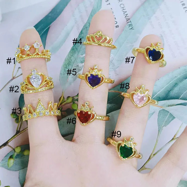 RM1521 Dainty 18K Gold Plated CZ Diamond Cubic Zirconia Princess Tiara Crown Love Heart Nesting Promise Rings for Women