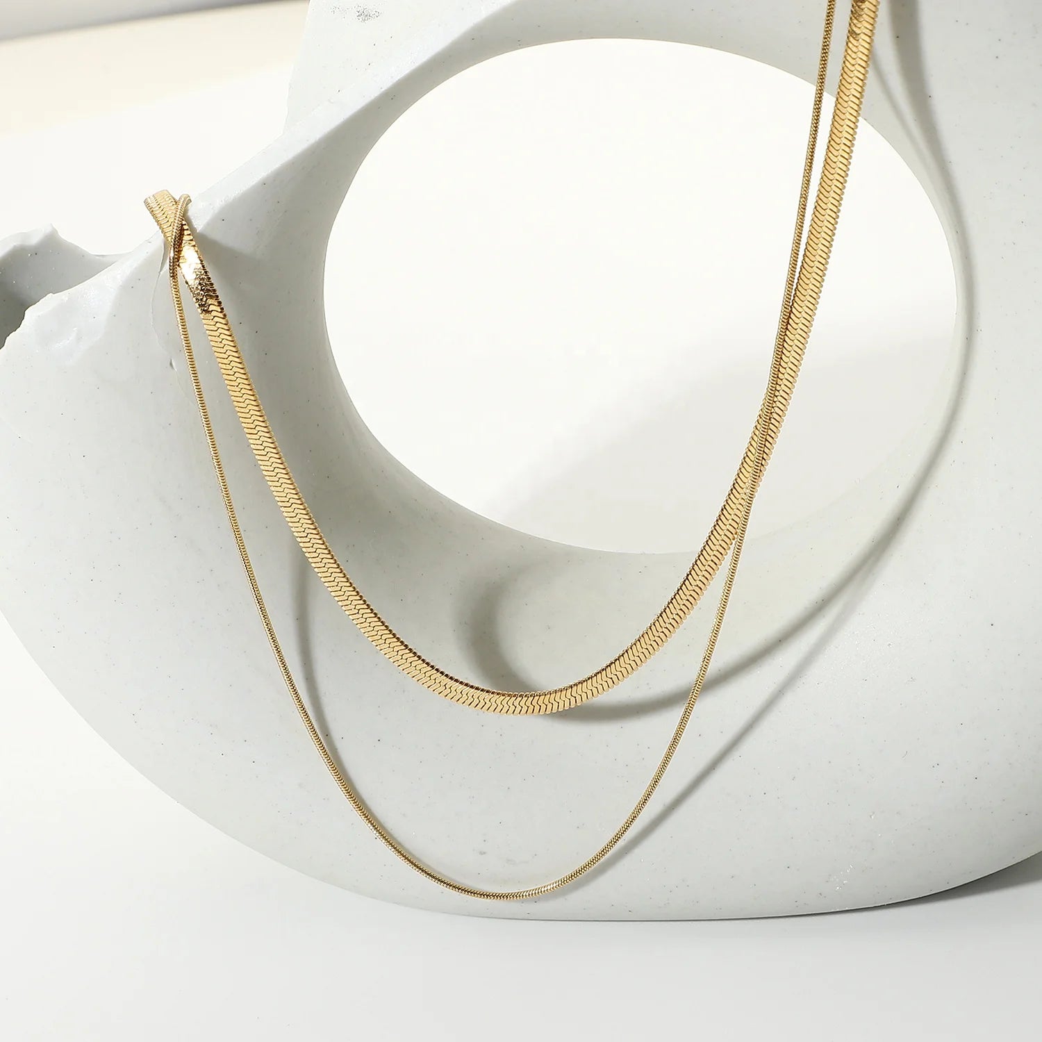 18K Gold Plated Double Layered Stainless Steel Snake Chain Choker Necklaces for Women Punk Style Geometric Link for Anniversary