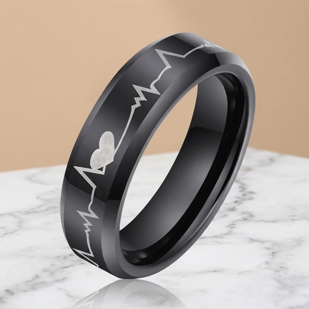 Wholesale Handmade Custom Tungsten Jewelry Tungsten Carbide Black Ring Men Laser Pattern Mens Rings Fashion Rings MegaBDM