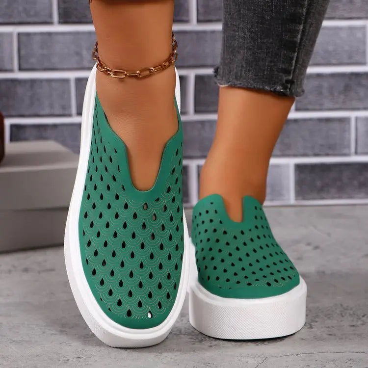 Thick Soled Single Shoe for Women Hollow Out Breathable Loafers Leather Face Outerwear Low-cut Uppers Flat Casual Women's Shoes