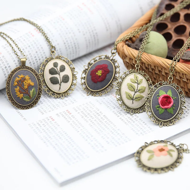 Silk Embroidery Pendant Kit for BeginnerEmbroidery Stitching NecklaceEmbroidery Kit for Necklace