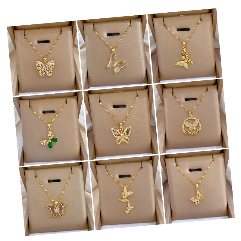Women's Heavy Industry Copper Micro Inlay Real Gold Electroplated Titanium Steel Butterfly Fine Necklace Fashion Pendant