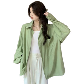 Korean Version Loose Diagonal Button Design Sense Long-Sleeved Shirt White Long Sleeve T Shirt for Women