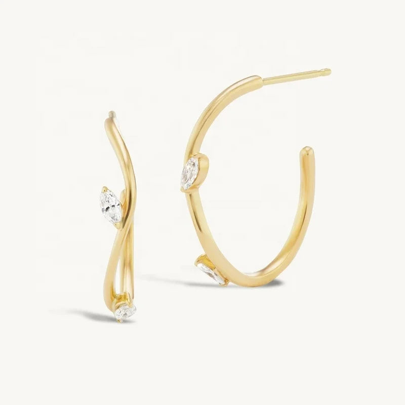 LOZRUNVE Jewelry Manufacturer 925 Sterling Silver Minimalist Simple Wave Leaf Marquise CZ Large Hoop Earring