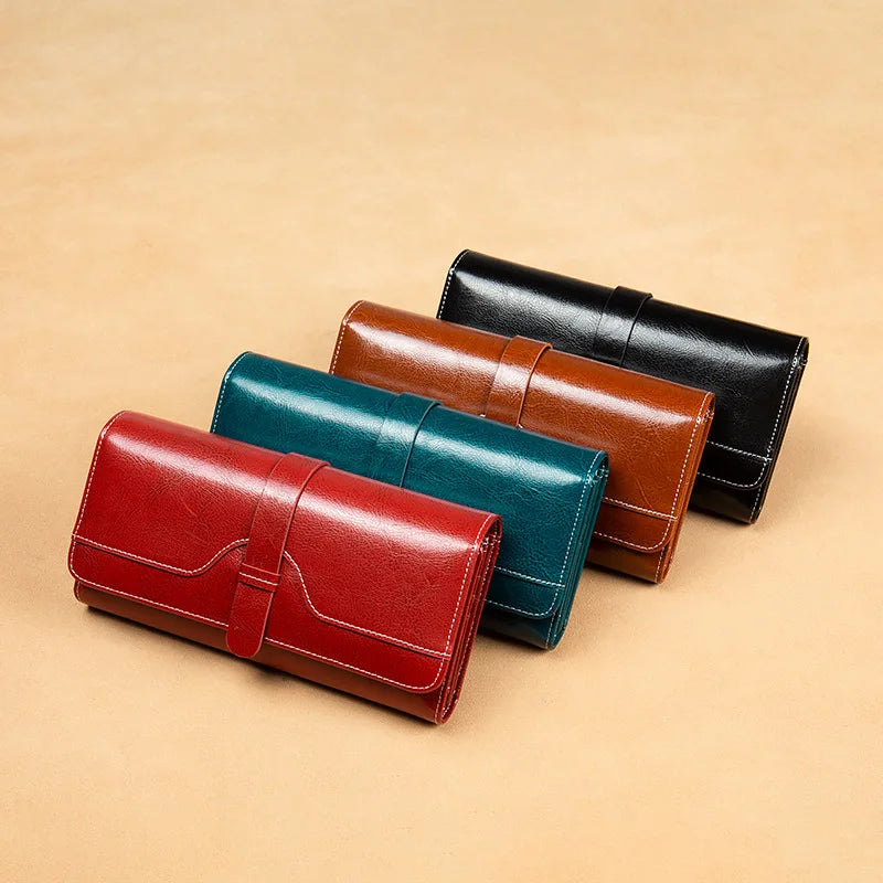 Genuine Leather Long Wallet Female Purses Vintage Rfid Blocking Card Holder Wallets Clutch for Women