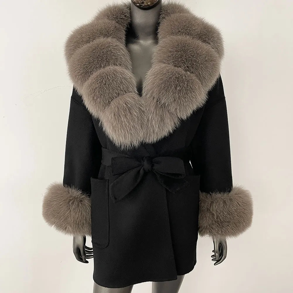 OFTBUY 2025 Winter Double-sided Cashmere Coat Luxury Wool Fox Fur Collar Women Casual Bamboo Collar and Fur Wool Genuine Coat