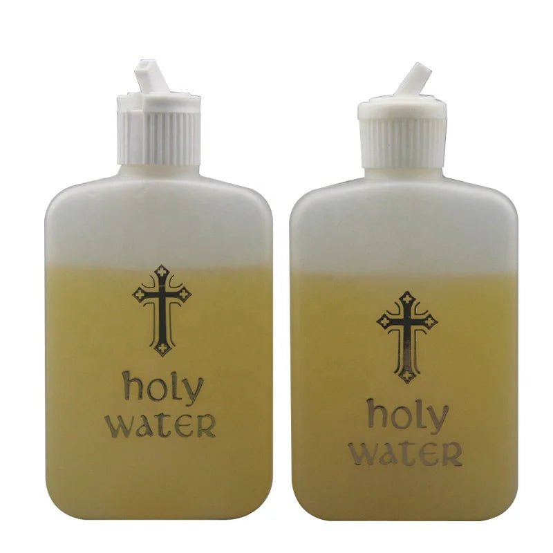 Flip Top Cap Plastic Eco-Friendly Gold Cross Spanish Agua Bendita Empty 4oz Easter Holy Water Bottle with Gold Blocking Logo