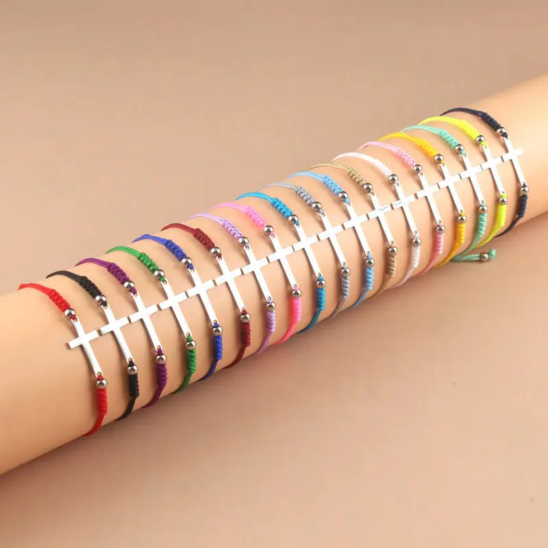 Handmade Stainless Steel Sideways Cross Charm Adjustable Multi Color Macrame Braided Bracelet for Girl Women Cross Bracelet