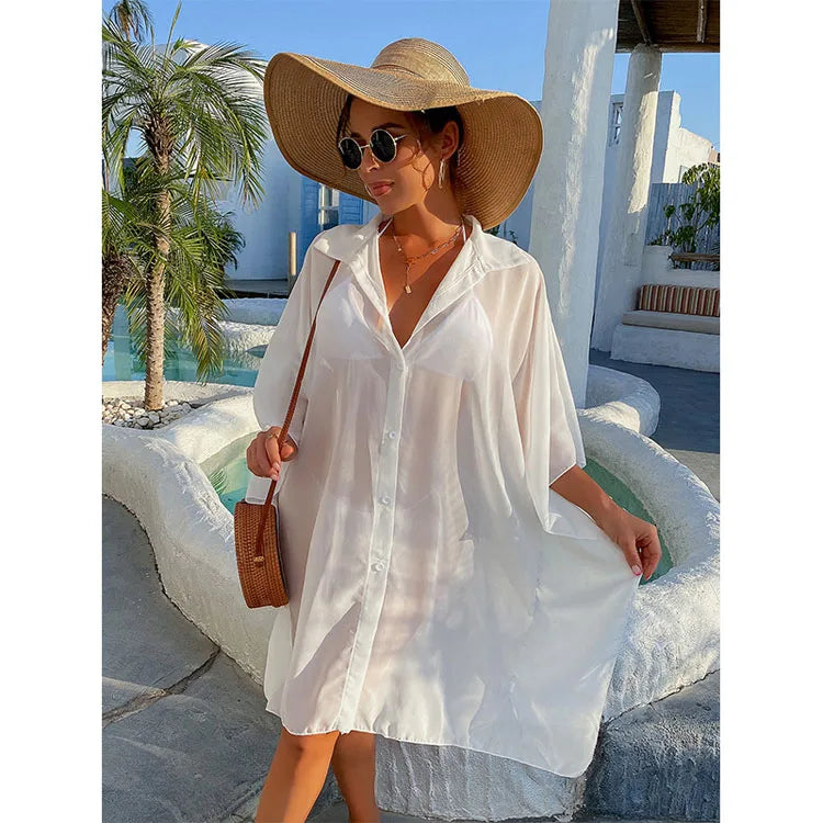 Single Breasted Sunscreen Jacket With Five Quarter Sleeves White Shirt Loose Beach Bikini Cover up