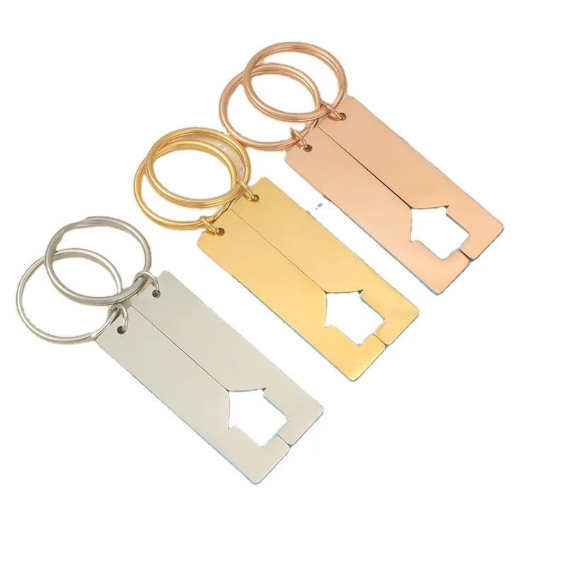 Custom DIY Gold Plated Blank Engraved Motel Rectangle House Couple Key Chains Stainless Steel Metal Plaques House Shape Keychain