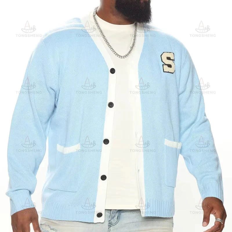 Custom Button V Neck College Cardigan Sweater for Men Letter Embroidery Ribbed Cuff Mens Varsity Cardigan Sweater With Pockets