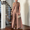 2025 New Women's Two Piece Set - Retro Elegant Stand Collar Sleeveless Split Robe High Waist Jumpsuit Outfits