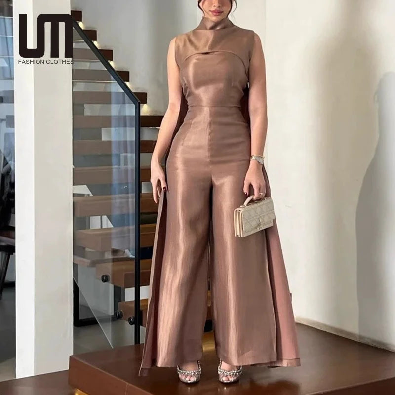 2025 New Women's Two Piece Set - Retro Elegant Stand Collar Sleeveless Split Robe High Waist Jumpsuit Outfits