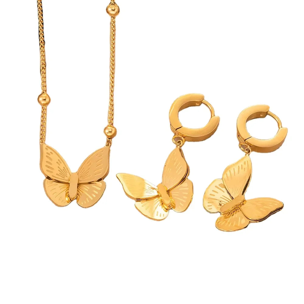 Hot Selling Romantic Stainless Steel Butterfly Pendant Necklace Earrings Hoop 18K Gold Plated Women's Gift Fashion Jewelry Set