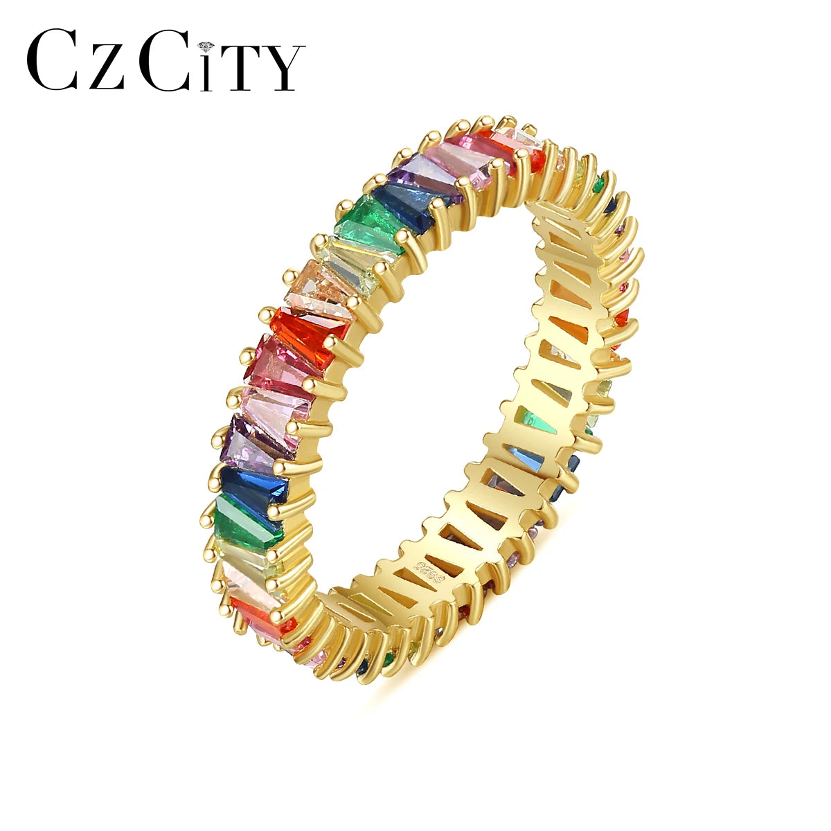 CZCITY Brands Jewelry Rainbow Ring 925 Silver Women Bands Luxury Trendy Finger Rings for Girls