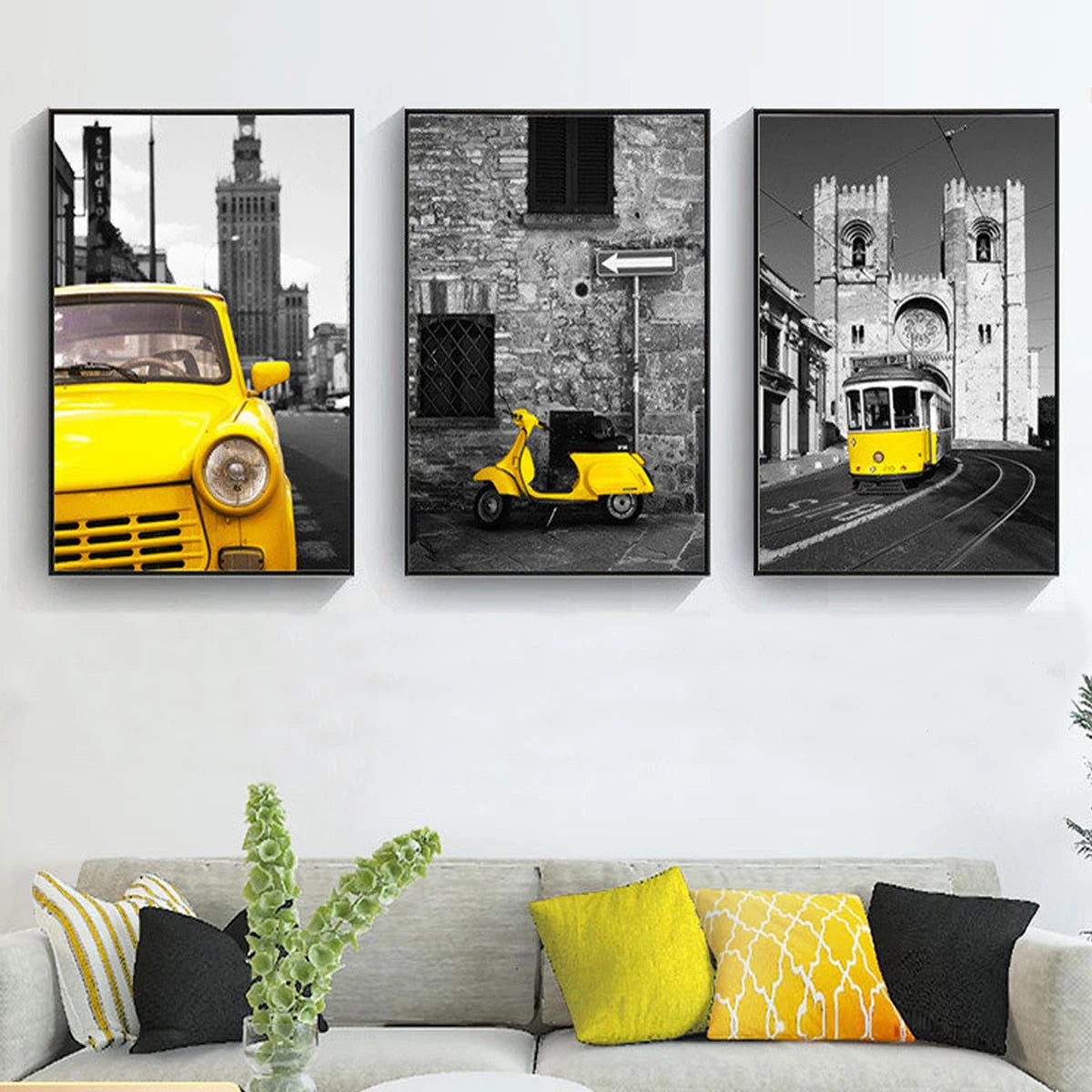 Black White Art Poster Yellow Car Street View Western Landscape Oil Painting on Canvas Posters and Prints Wall Art Picture