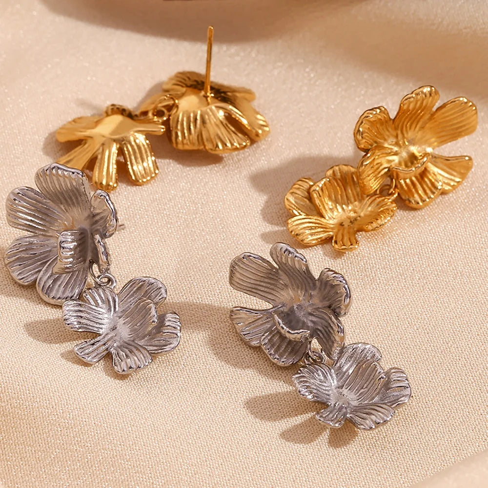 Dreamshow Engraved Flower Earrings Gold Plated Earrings Statement Jewelry Waterproof Boucles D'oreilles En Gros