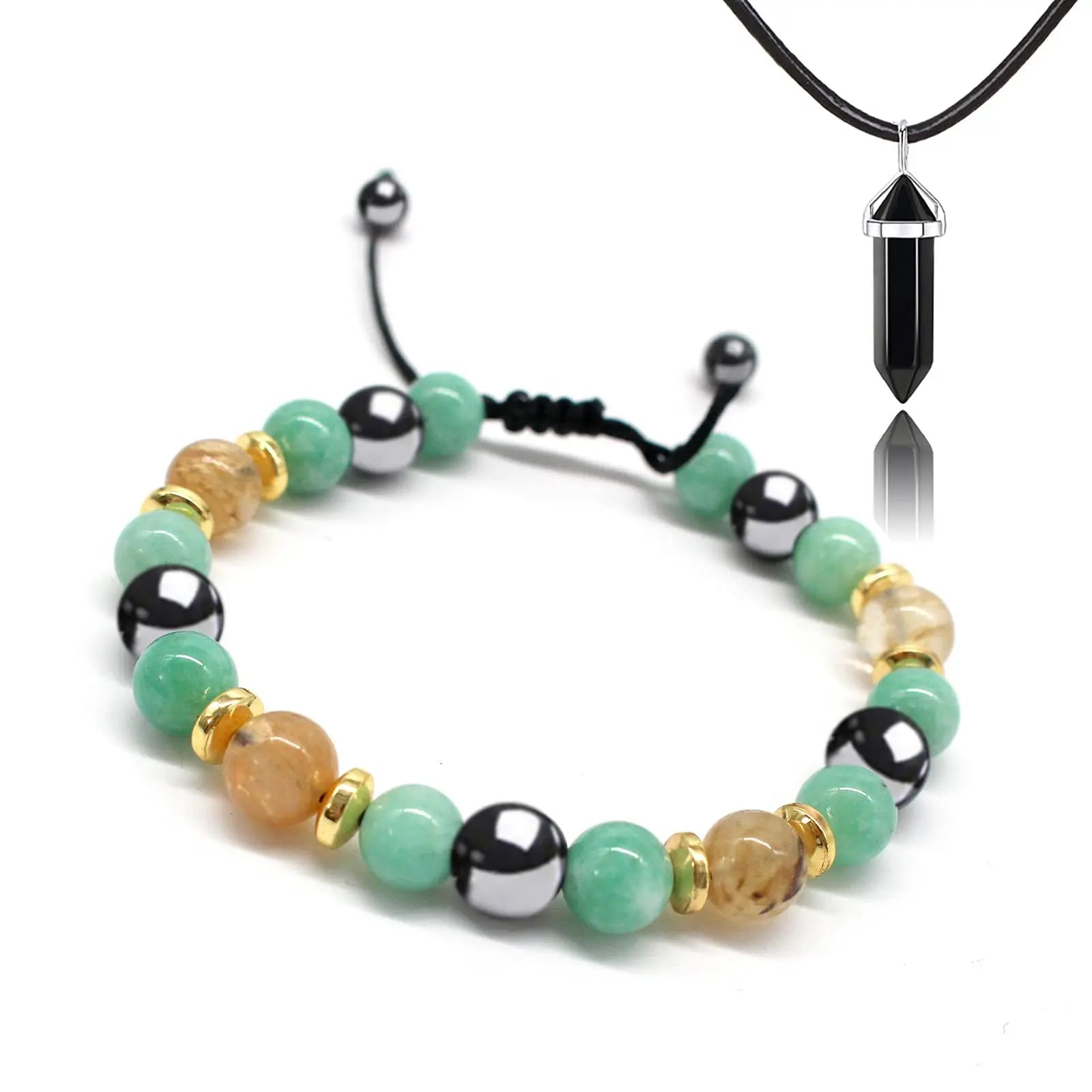 Amazonian Popular Tricolor Natural Stone Tiger Eye Black Gallstone Woven Bracelet and Matching Necklace Gold Jewelry for Gift