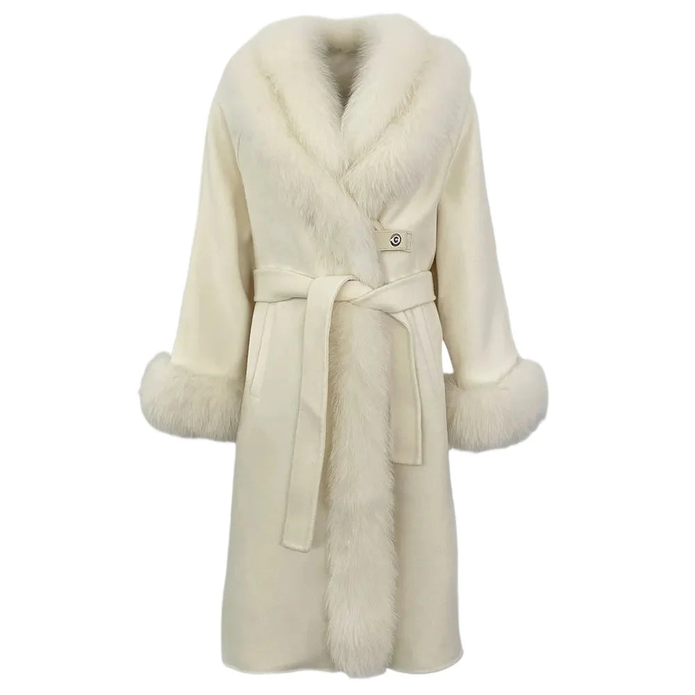 OFTBUY Women's Autumn Winter Jacket Long Thick Warm Wool Blends with Natural Big Fox Fur Collar Belt Casual Outerwear Streetwear