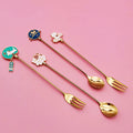 Lucky Cat Cherry Blossom 304 Stainless Steel Gold Salad Fruit Fork Coffee Ice Cream Dessert Spoon