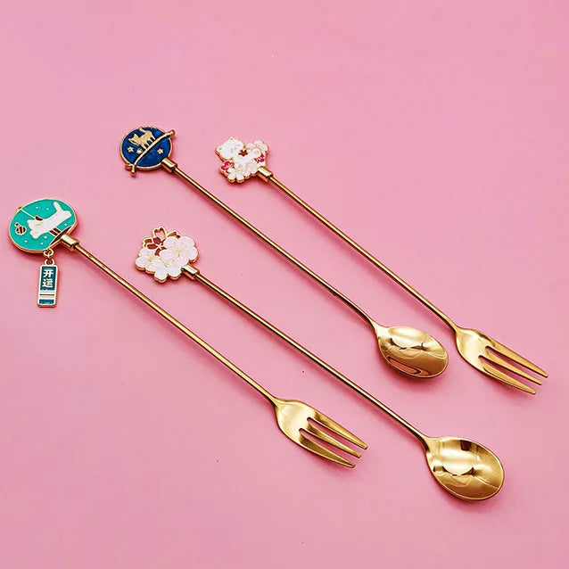 Lucky Cat Cherry Blossom 304 Stainless Steel Gold Salad Fruit Fork Coffee Ice Cream Dessert Spoon