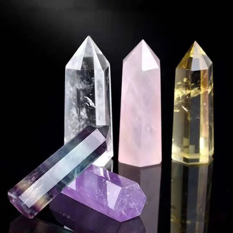 Natural Crystal Quartz Stone Hexagon Column Ornaments Amethyst Rose Quartz Aventurine tiger Eye Hexagon Prism Point Towel Crafts