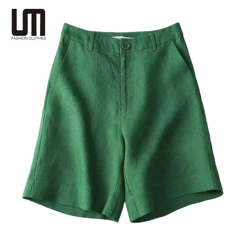 Liu Ming Custom New Trending 2025 Summer Women Casual Cotton Linen Solid Color High Waist Wide Leg Fashion Loose Shorts