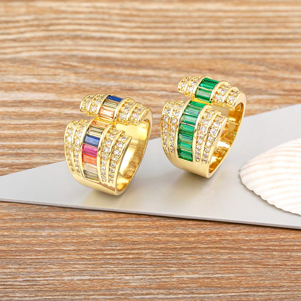 QIKU Fashion Rainbow Rectangle Rhinestone Adjustable Chunky Rings Gold Plated Charm Jewelry Customized Wholesale Factory Price