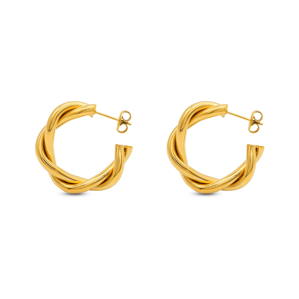 Chris April 316L Stainless Steel PVD Plated Gold C Shape Twisting Rope Hoops Earring