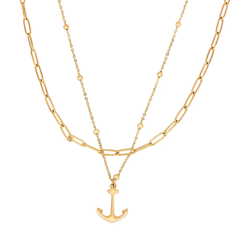 Fashion Jewelry Stainless Steel 2 Layered Chain 18K Gold Plated Anchor Pendant Necklace