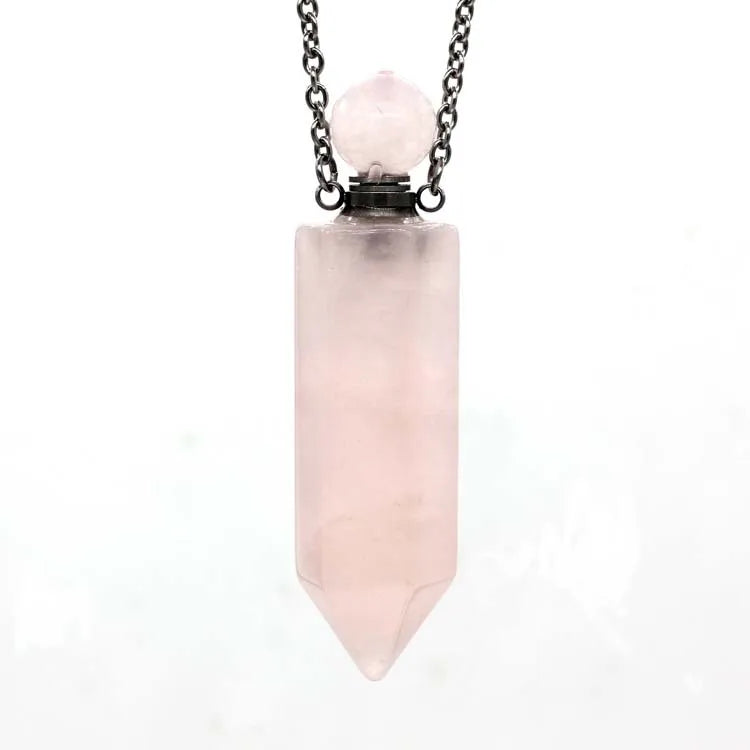 2025 DIY natural crystal rose quartz hexagonal column perfume essential oil bottle Pendant Necklace jewelry