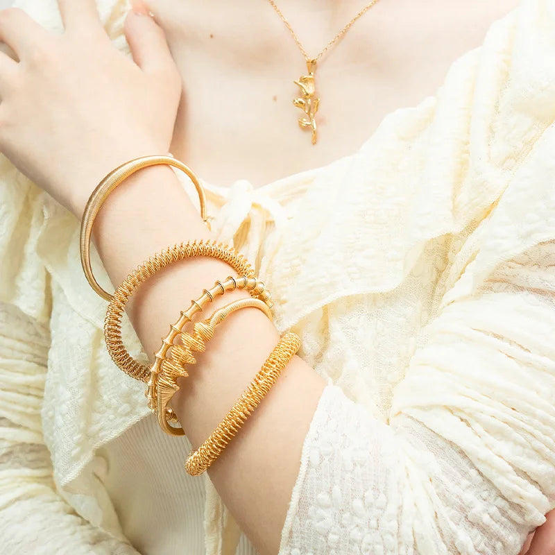 18k Women Gold Plated Stainless Steel Minimalist Retro Style Charms Bangle Bracelet