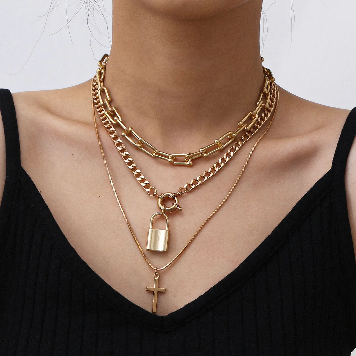 Chunky European 3 Layer Square Women Cube Link Cuban Chain Necklace Gold Plated Zinc Alloy Link Chain Bracelet