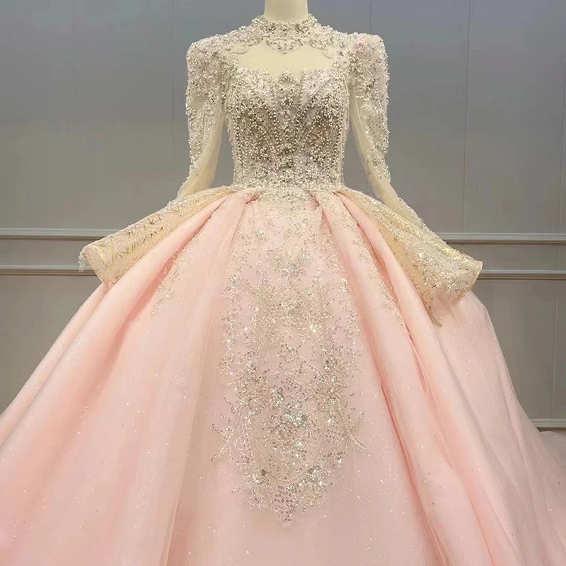 Beaded Pink Sweet 16 Dress Ball Gown Light Luxury Dress Stage Solo Tutu Skirt Vocal Art Exam Dress for Women Wn032