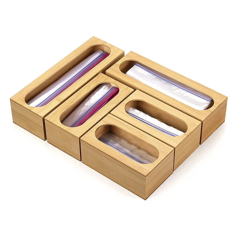 5 Pcs Bamboo Ziplock Bag Storage Organizer Food Storage Bag Organizer and Dispenser Compatible for Drawer