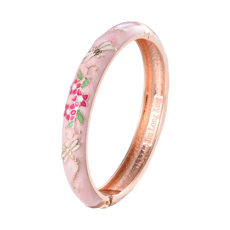 Daili Hot Sale Colorful Pink Animals Dragonfly Classic Enamel Cloisonne Bangles Zinc Alloy Gold Plated Women's Anniversary
