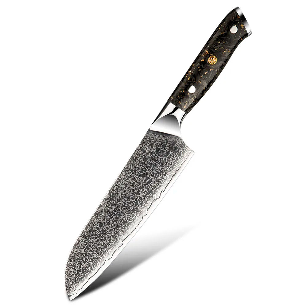 Amber Handmade Unique Design Damascus Steel Knife Santoku Chef Kitchen Knife with Carbon Fiber Handle